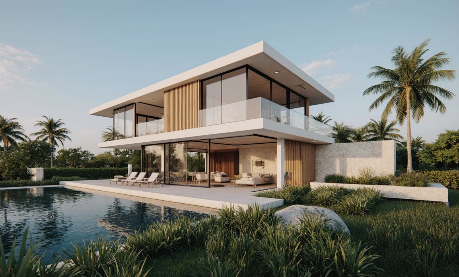 Casa conceito de linhas retas com piscina de borda infinita voltada para a lagoa