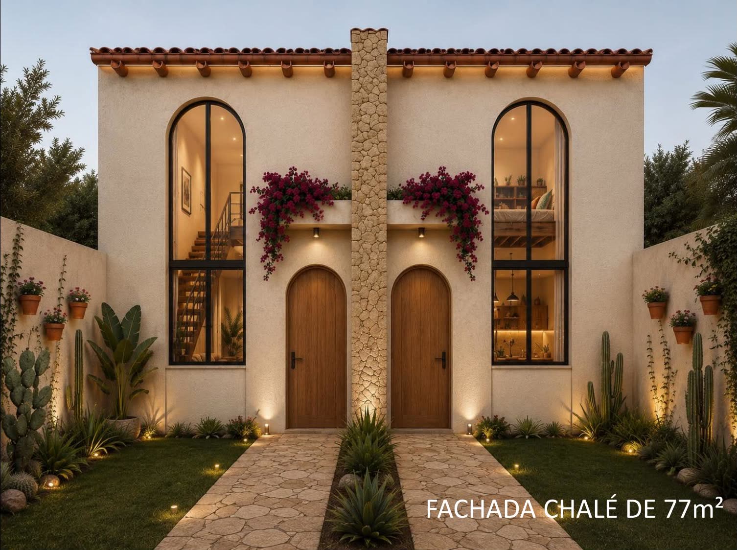 Fachada do chalé de 77 m², em versão duplo, com portas em arco e iluminação de jardim