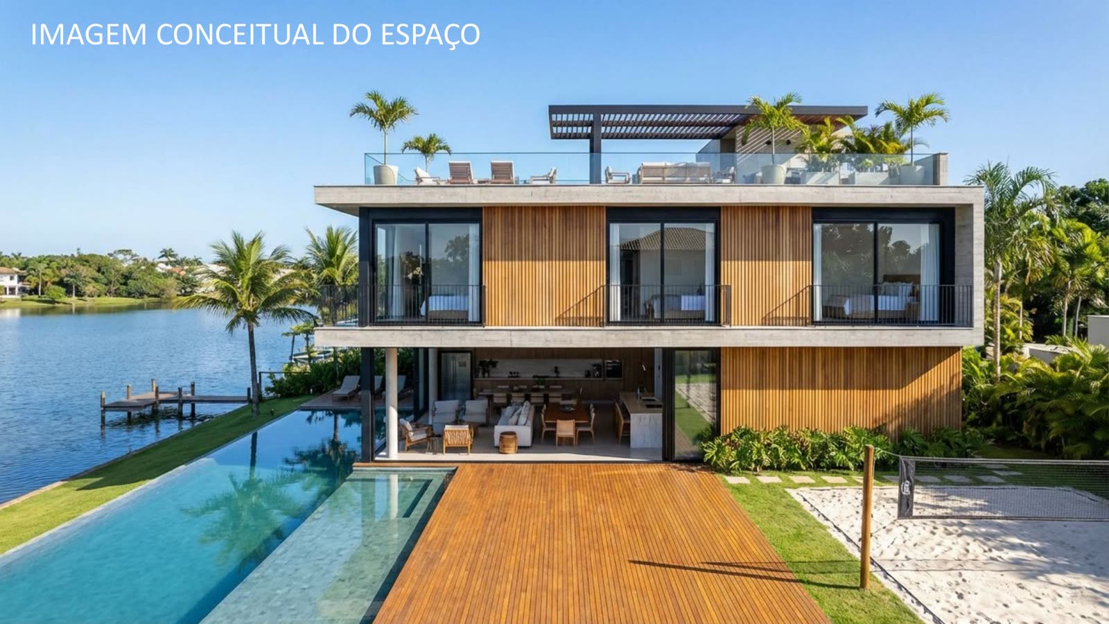 Casa conceito de 380 m² vista do lago, com piscina de borda infinita e deck em madeira