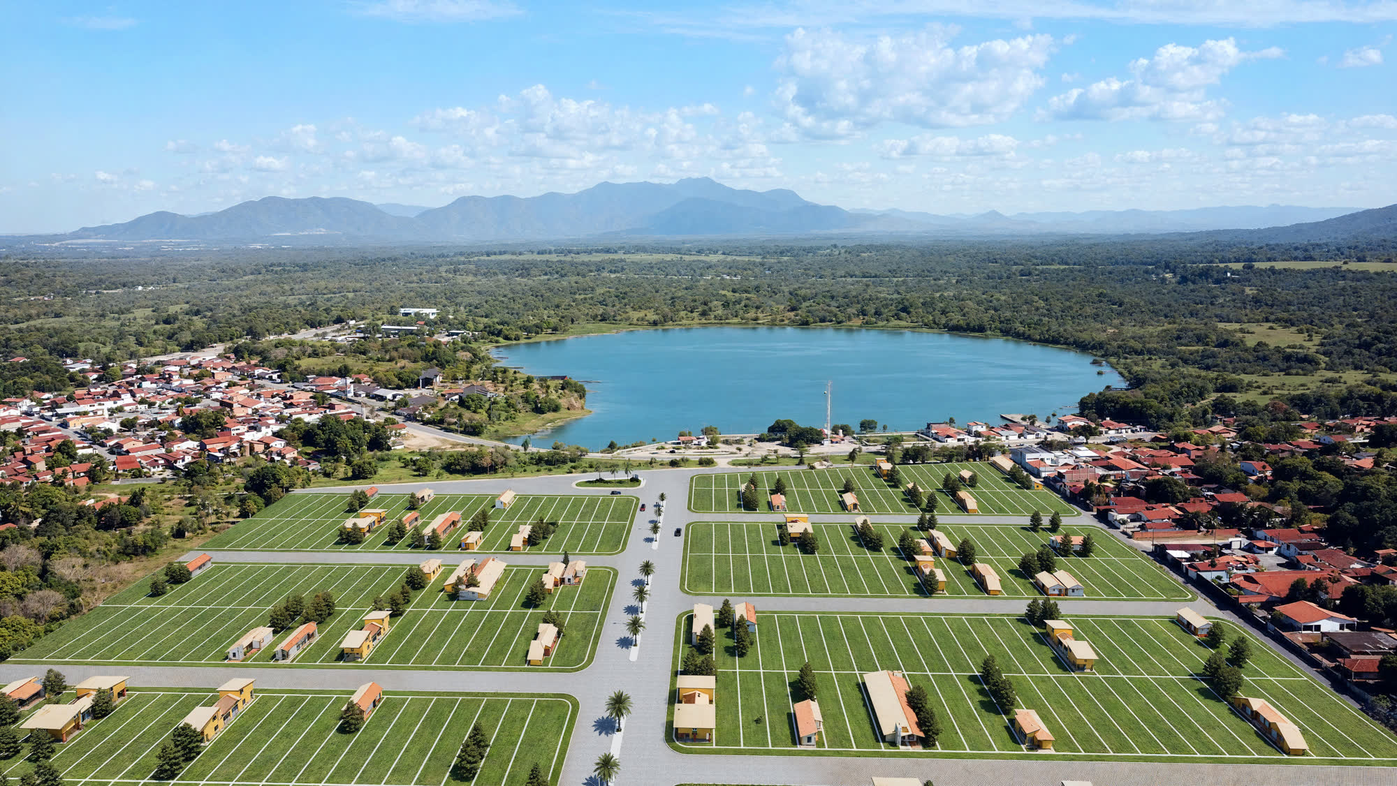 Vista aérea do loteamento Portal da Lagoa com a Lagoa do Genipabu ao fundo, em Caucaia